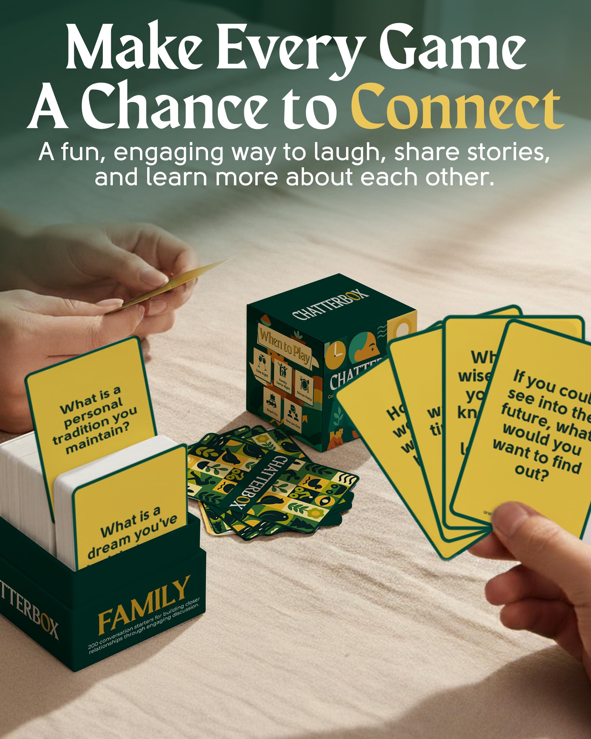 Chatterbox Conversation Cards for Families & Parents, Share Life Stories & Connect with Family & Get to Know You Game, Perfect for Game Night, Family Reunion, Dinner Table or Road Trips, 2+ Players